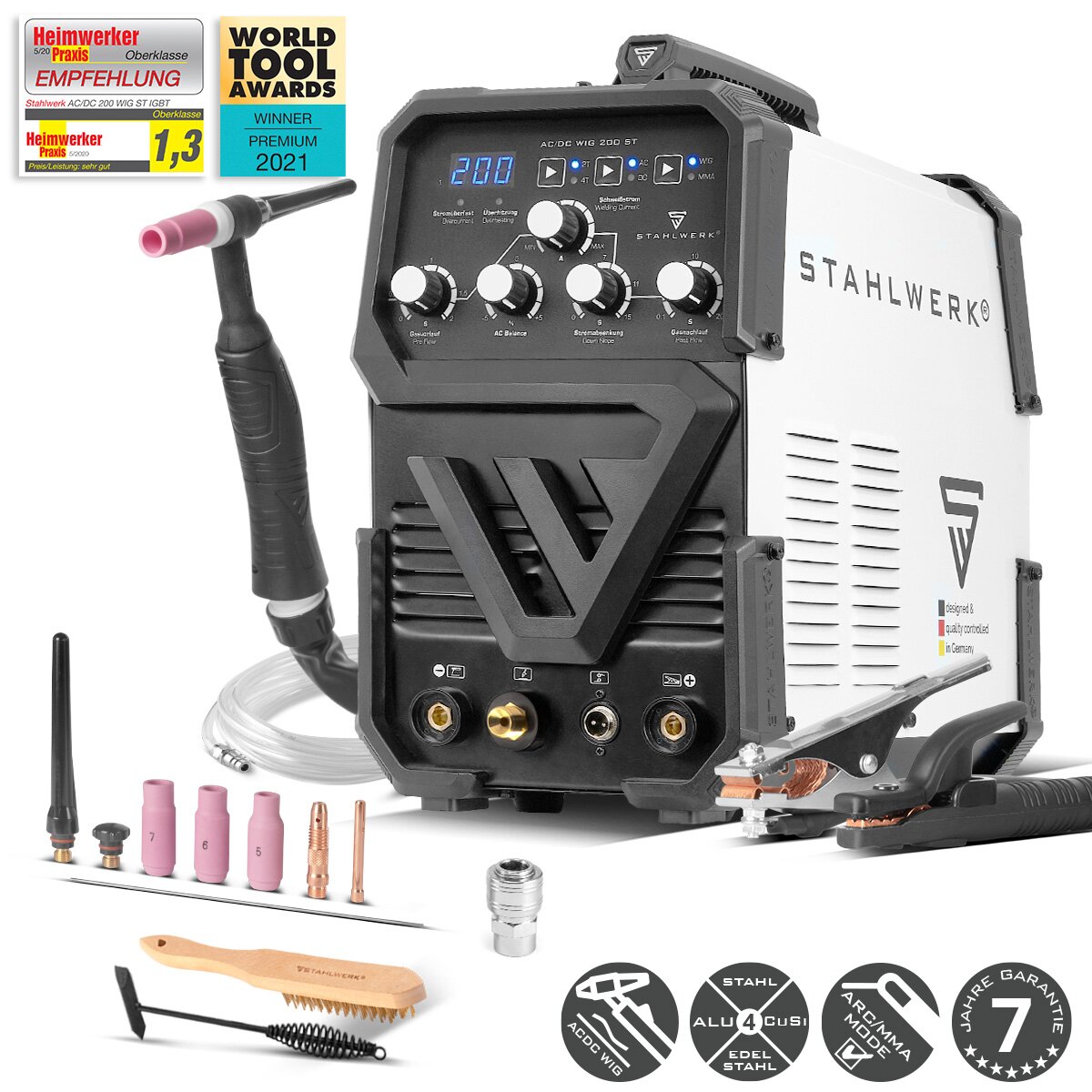 STAHLWERK AC/DC WIG 200 ST | WIG-Schweißgerät mit 200 A | Kombi-Inverter AC/DC WIG und MMA/E-Hand | HF-Zündung | Hotstar