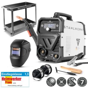 STAHLWERK Schweißgerät FLUX 160 ST Digital mit 160 A | Vollausstattung | Schweißhelm | Gerätewagen | Schweißdraht | Syne