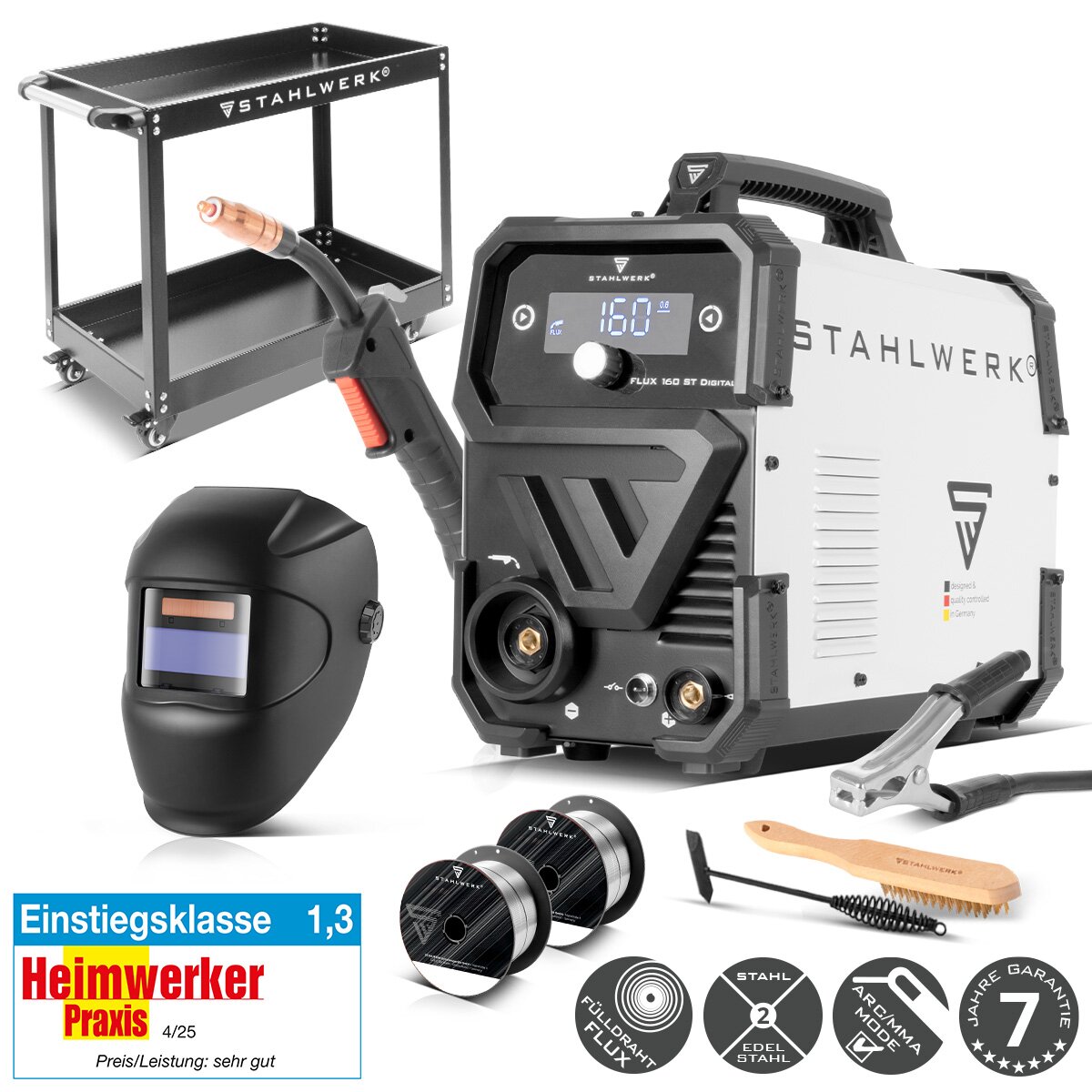 STAHLWERK Schweißgerät FLUX 160 ST Digital mit 160 A | Vollausstattung | Schweißhelm | Gerätewagen | Schweißdraht | Syne