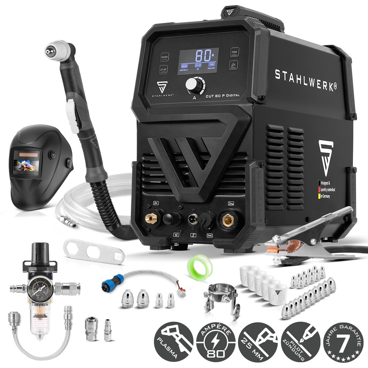 STAHLWERK Plasmaschneider CUT 80 P Digital Vollausstattung | 80 A Inverter-Plasmaschneider | HF-Pilotzündung | Digitalan