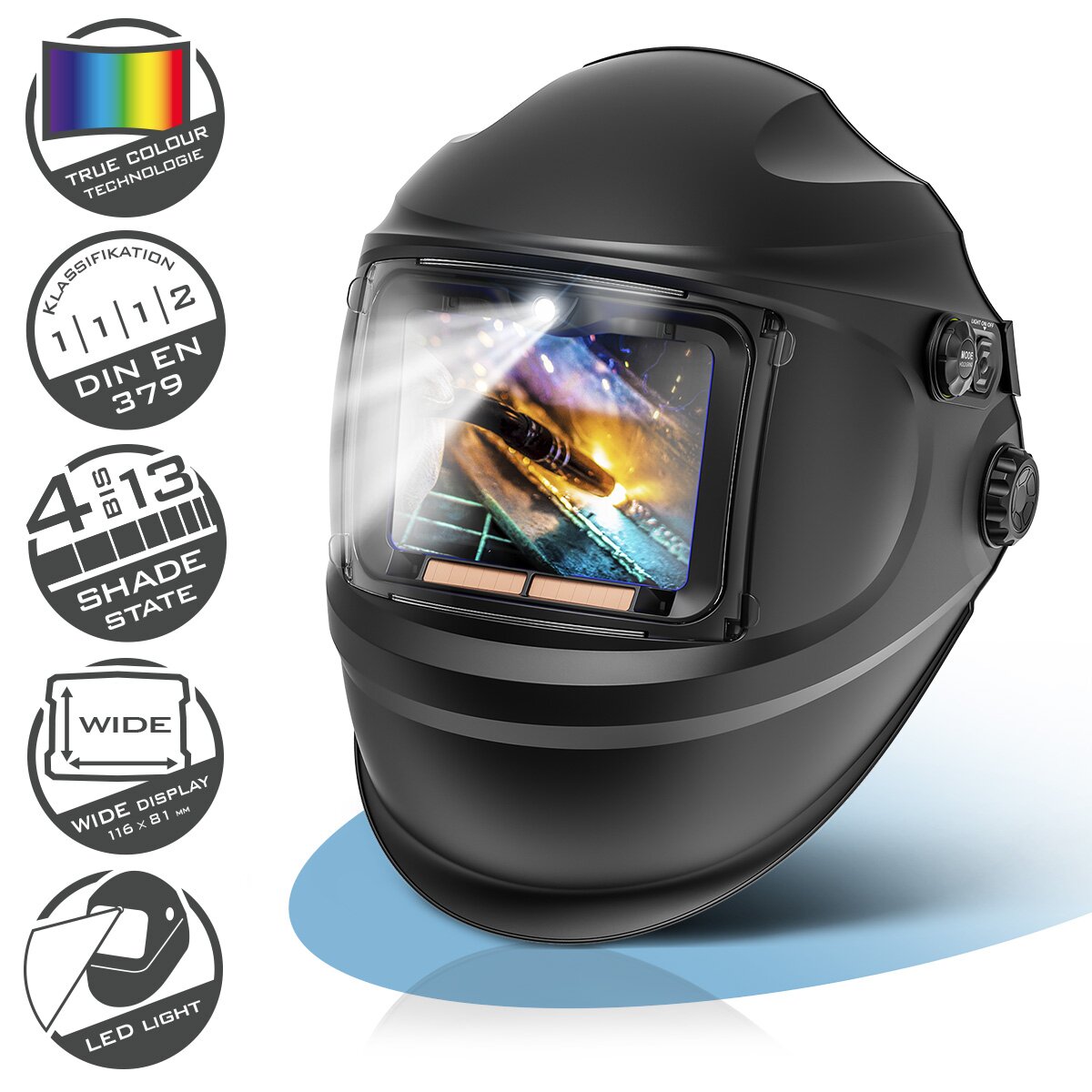 STAHLWERK Automatik-Schweißhelm RAPTOR 3-in-1 Schweißermaske mit LED-Licht, True-Colour-Echtfarbwiedergabe, Jobspeicher,