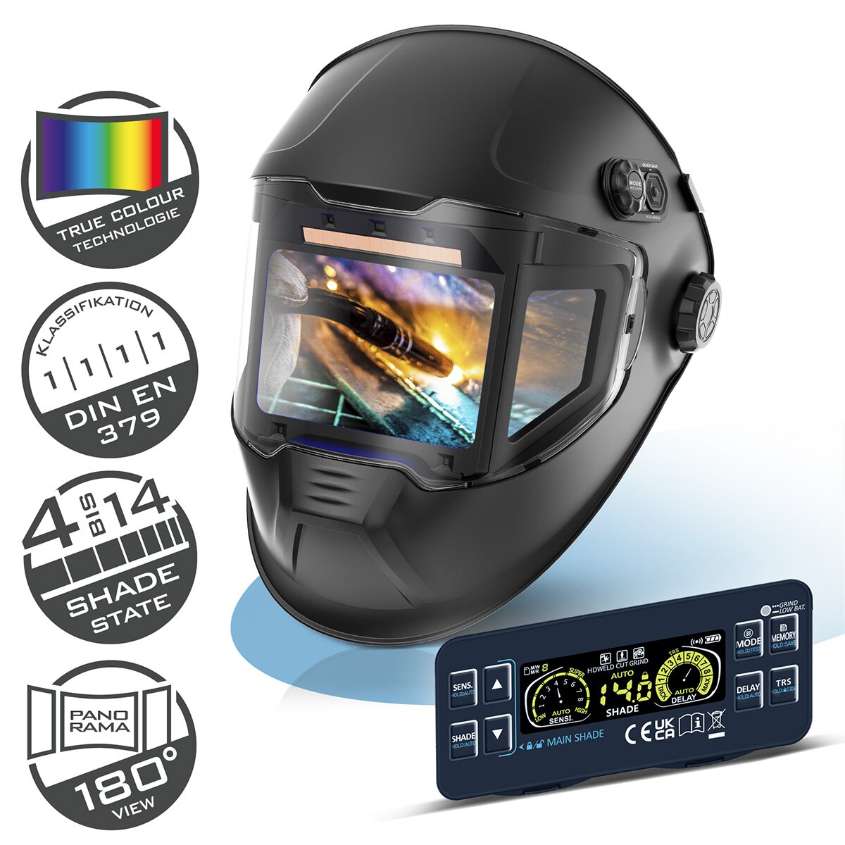 STAHLWERK Automatik-Schweißhelm SPLIT 3-in-1 mit 180° Sichtfeld, LCD-Farbdisplay, True-Colour-Echtfarbwiedergabe, Jobspe