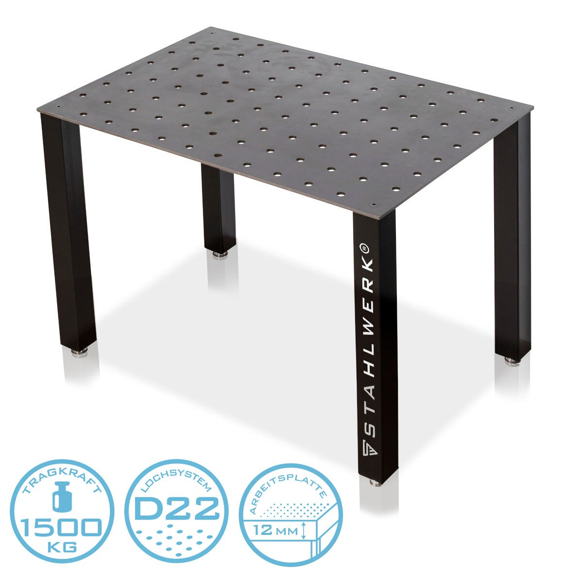 STAHLWERK Schweißtisch Montagetisch DIY-Bausatz mit massiver 12 mm Arbeitsplatte, D22 Lochsystem, hochbelastbarer S355 S